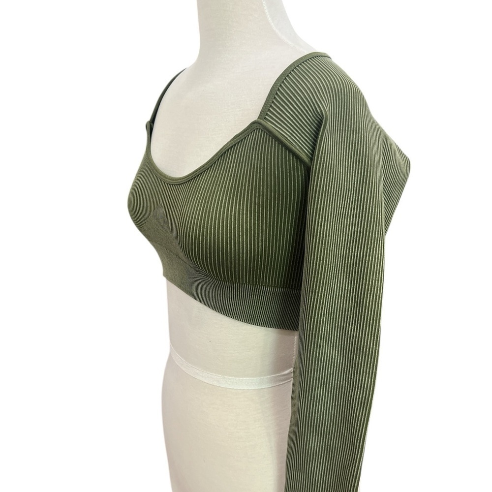Olive Green Ribbed Women's Top - Picture 3 of 5